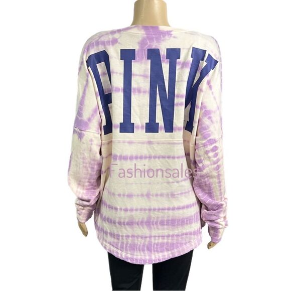 Victorias Secret Pink Varsity Crew Sweatshirt purple cream tie dye pullover - Picture 4 of 5